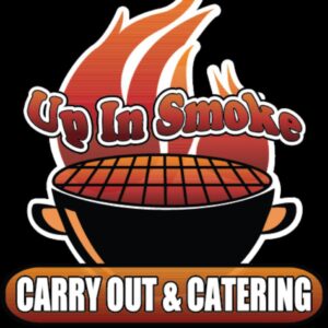 cartoon bbq grill with flames with the words "Up in Smoke" in the flames.
