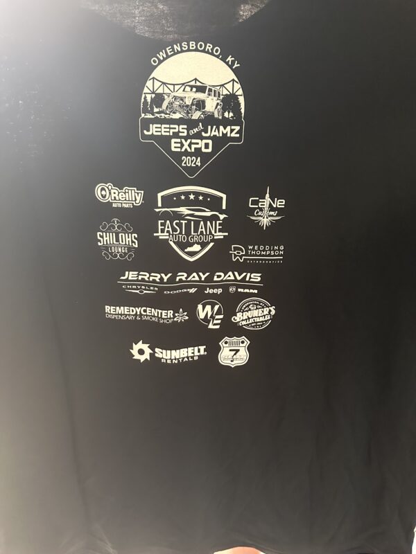 black shirt with white logos